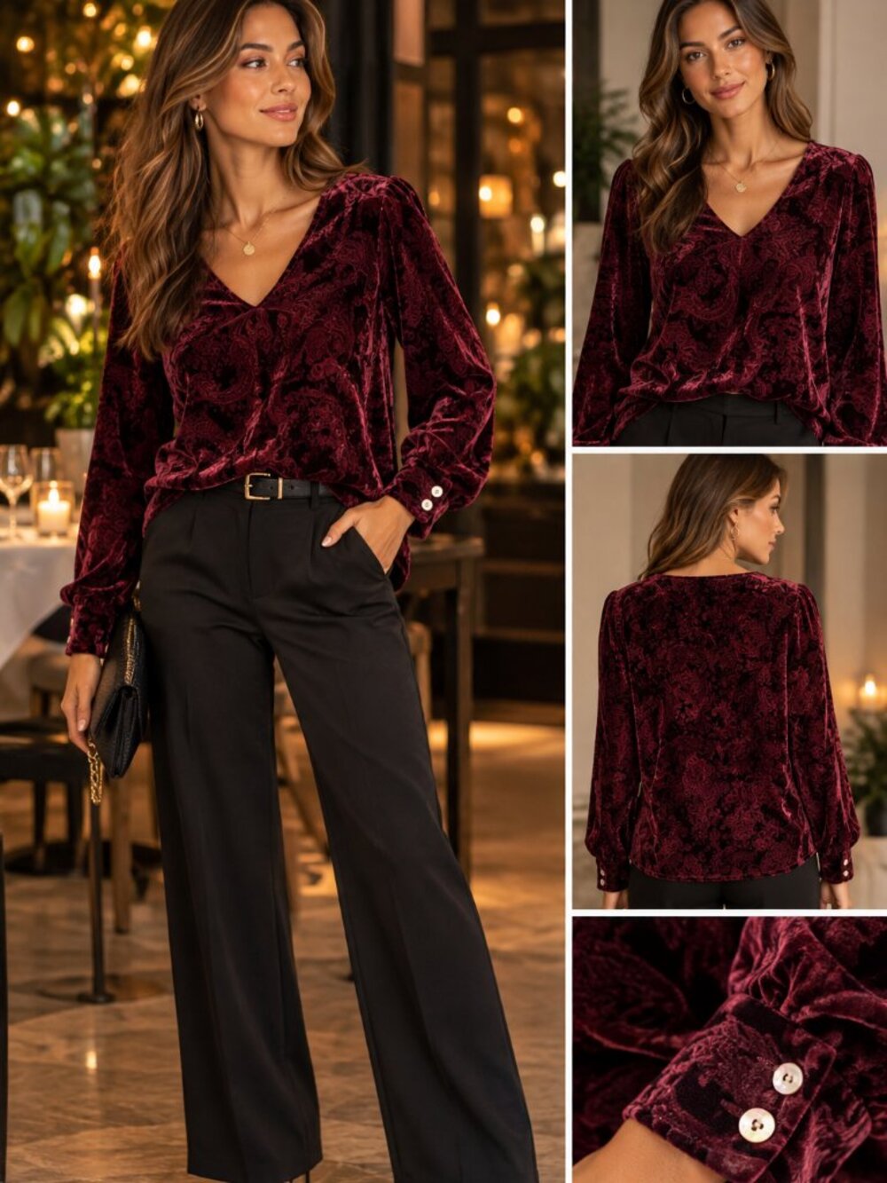 J.Jill S Burgundy Burnout Velvet Paisley Blouse V Neck Whimsigoth Holiday